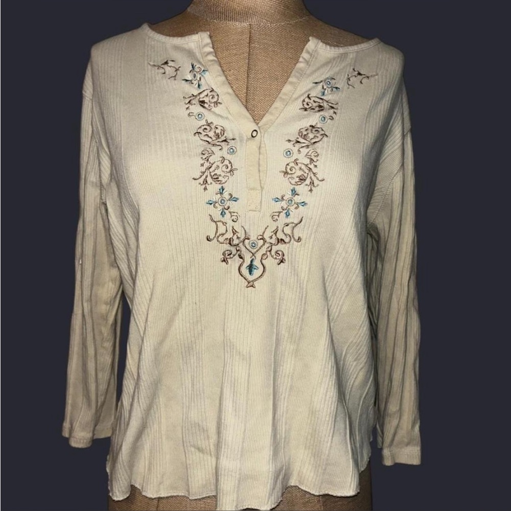The Shaped Tee Faded Glory Cream and blue embroidered long sleeve blouse